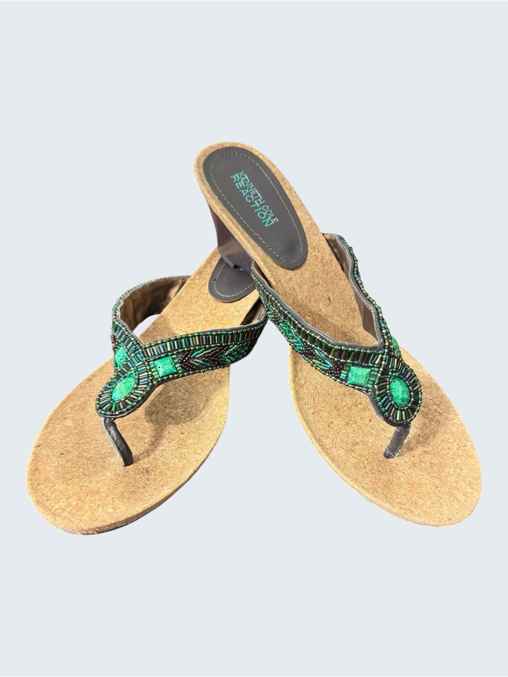 Kenneth Cole Reaction Women's Faux Turquoise & Beaded Thong Sandal Sz 9.5M - Picture 2 of 11